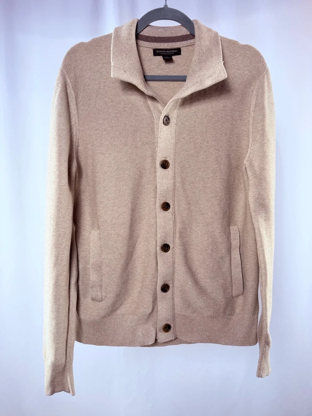Banana Republic Supima Cotton Button Up Shawl Collar Cardigan Sweater in Stone
